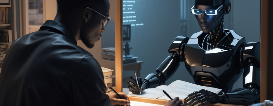 A black writer sits at a desk facing a large mirror, and in the reflection, the writer appears as a futuristic humanoid robot with glasses, writing with pen and paper.